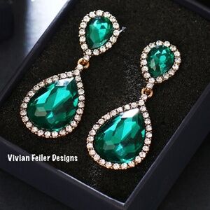 Emerald green gold earrings CZ Crystal